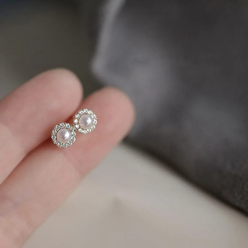 Pendientes de plata de ley S925 para mujer, aretes de perlas con circón redondo exquisito, joyería suave de alta calidad, regalo para ocasión diaria