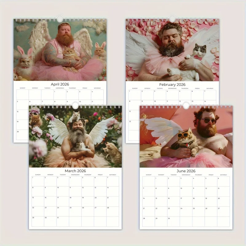 تقويم ممتع سنوي لعام 2026 - ملصقات حائط للتصوير الفوتوغرافي على شكل قطة لطيفة وممتعة، مع تصميم شهر، ديكور منزلي
