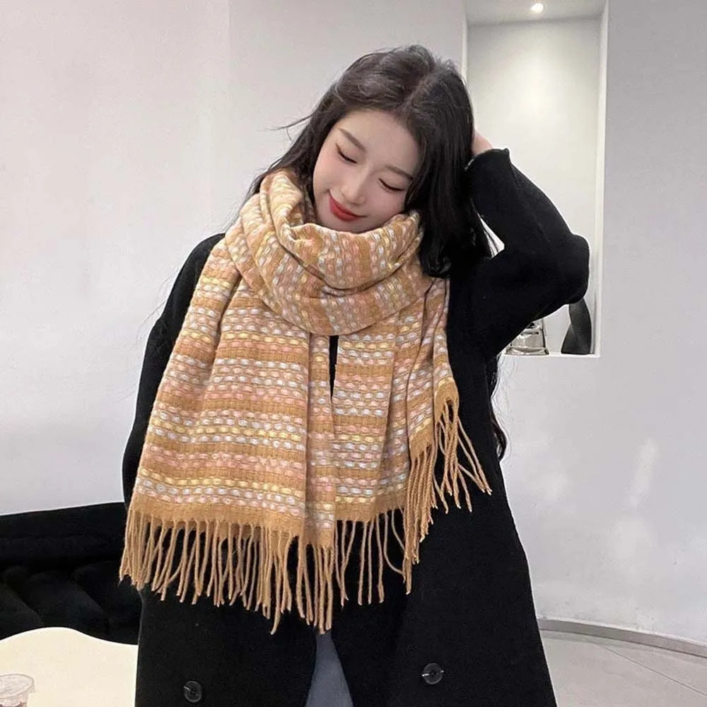 

Soft Dopamine Plaid Scarf Contrast Color Anti-cold Knitted Wool Shawl Polyester Korean Style Long Neckscarf with Tassel
