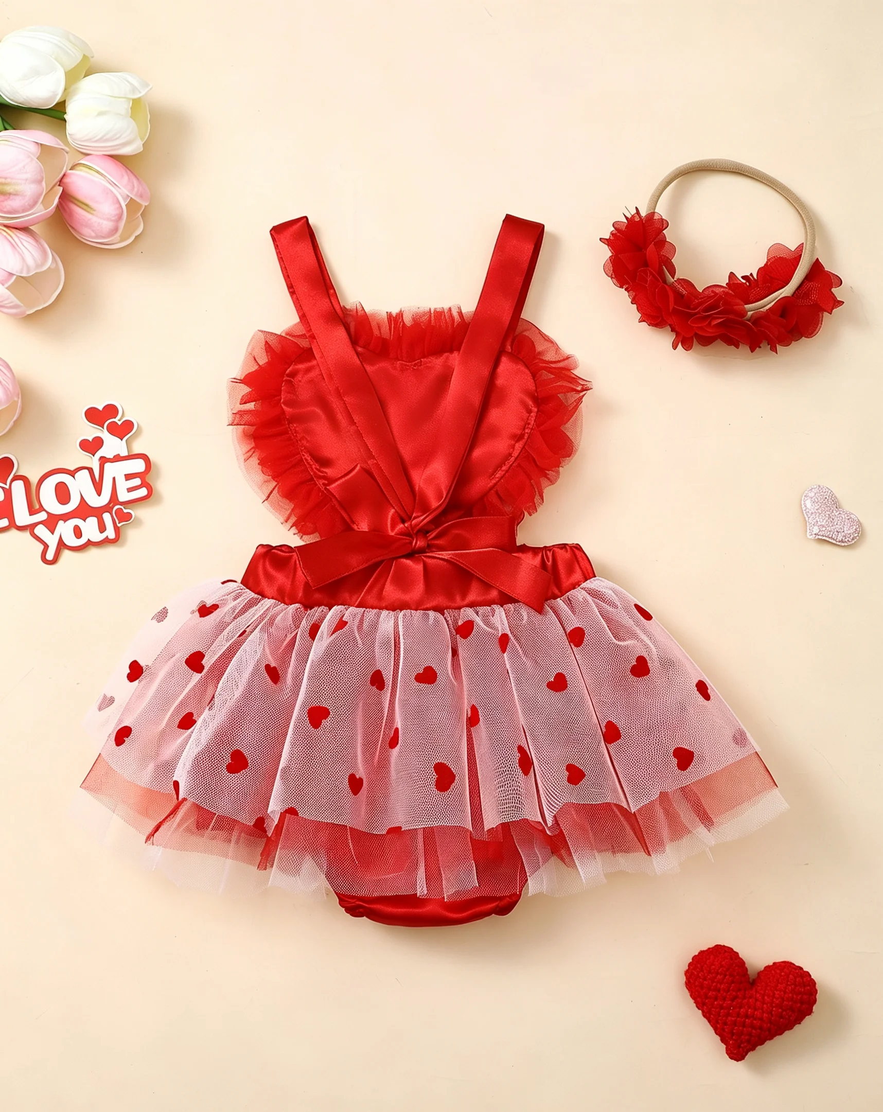 Valentine's Day Heart Flower Pattern Baby Girl Dress with Headband Infant Clothing Toddler Girls' Outfit Festive Babywear