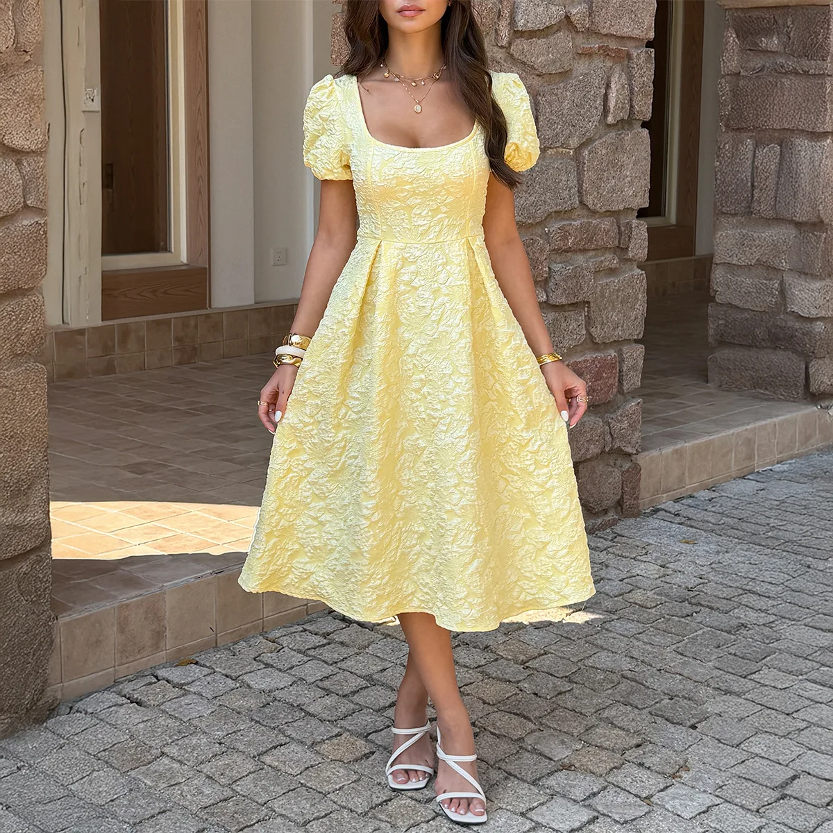 

Women's Dress Yellow Textured Midi Dress Square Neck Puff Short Sleeve Flare Skirt Formal Evening Party Guest Wedding Beach Gown
