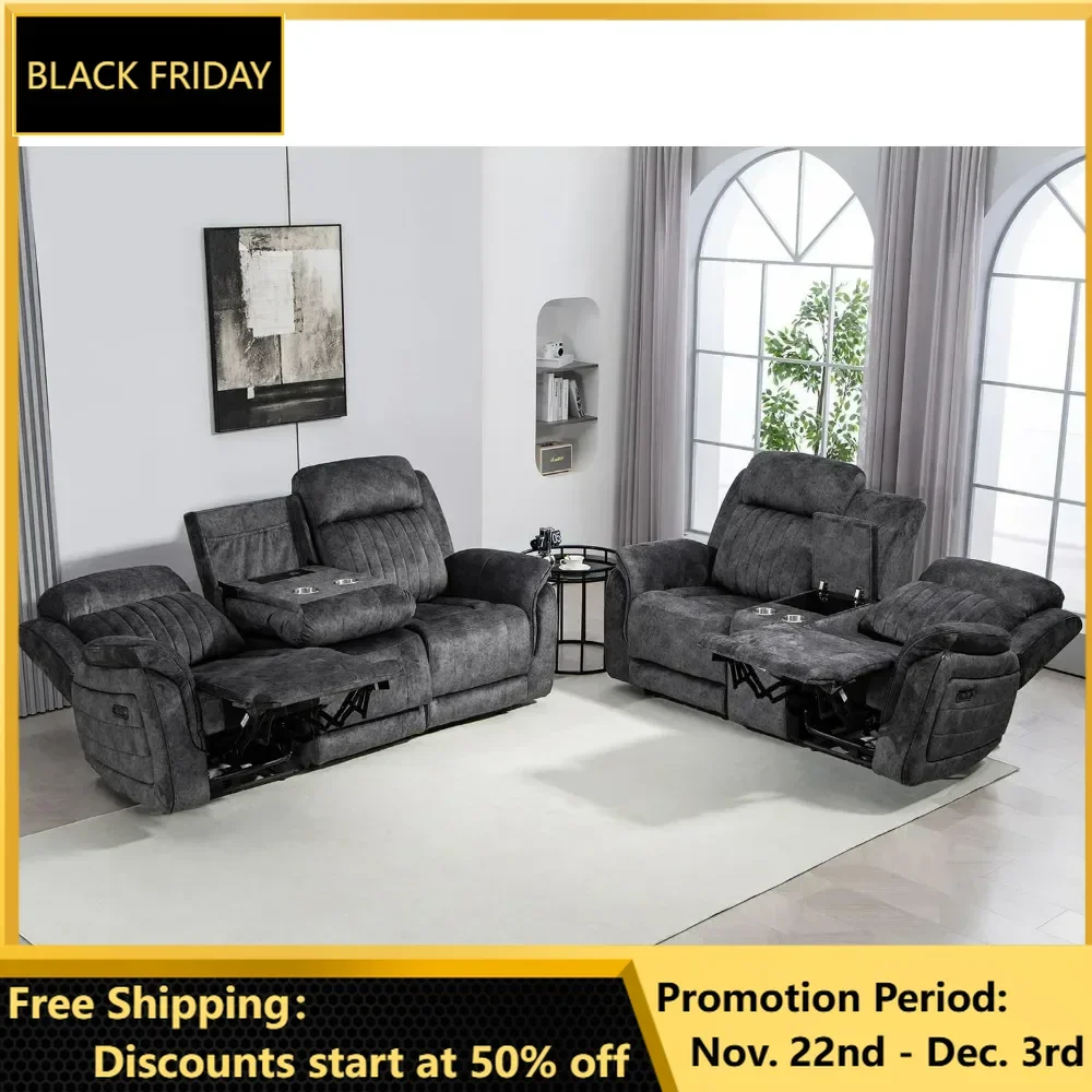 Recliner Sofa Set, 2 Pieces Reclining Living Room Set with Adjustable Headrest and USB Port/Console/Cup Holders,  Reclining Sofa