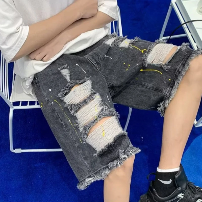 Ripped Denim Shorts Men Baggy Retro Hip Hop  Summer Breathable Destroyed Streetwear Daily Raw Edge All-match Comfortable