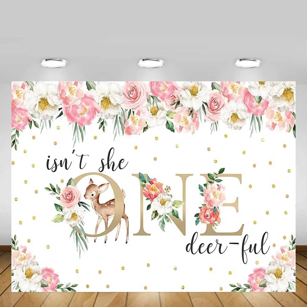 

Deer Girl 1st First Birthday Backdrop Pink Floral Gold Confetti Isn't She One-Deer-ful Banner Sweet One Princess Party Decor