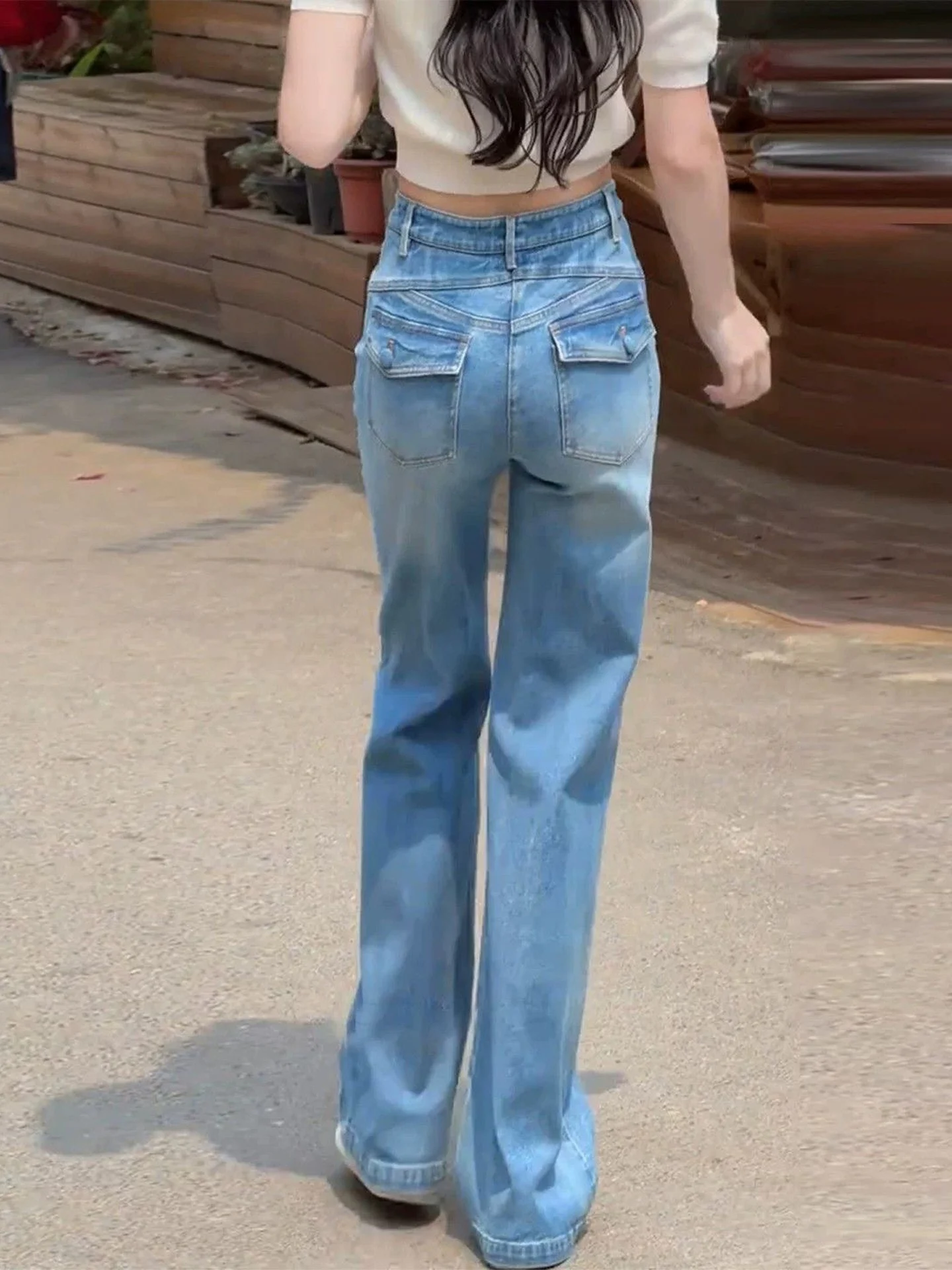 Blue High Waist Bell Bottom Denim Jeans Women's Fashionable Plump Hip Lifting Slimming Floor-Length Pants Autumn New Style