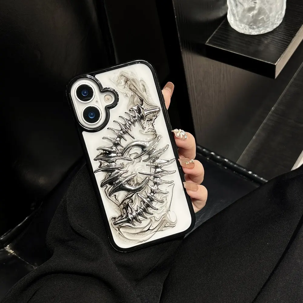 

INS 3D Metal Fish Bone Clear Phone Case For iPhone 16 11 12 13 14 Pro Max 15 Plus Punk Style Transparent Epoxy Protective Cover
