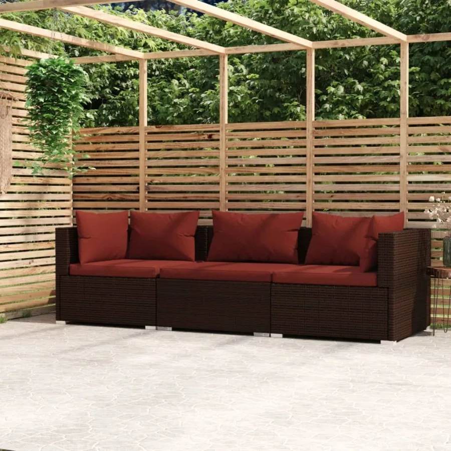

Wicker Patio Furniture 3 Piece with Cushions Brown Poly Rattan
