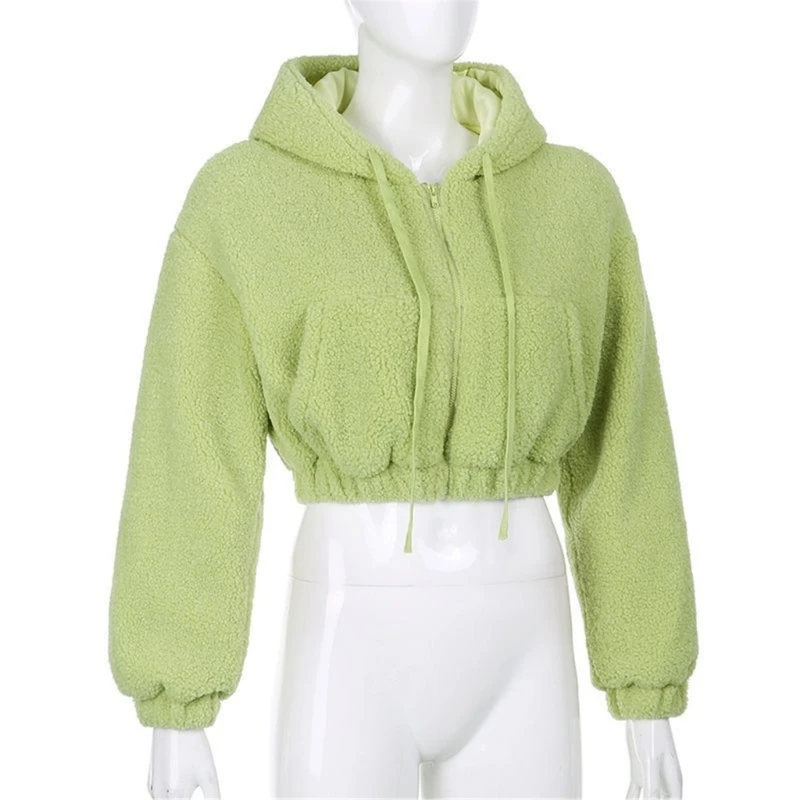 Women Long Sleeve Cropped Hoodies Autumn Winter Fuzzy Zip Up Hooded Sweatshirt Lady Girls Casual Solid Color Outfits Jacket