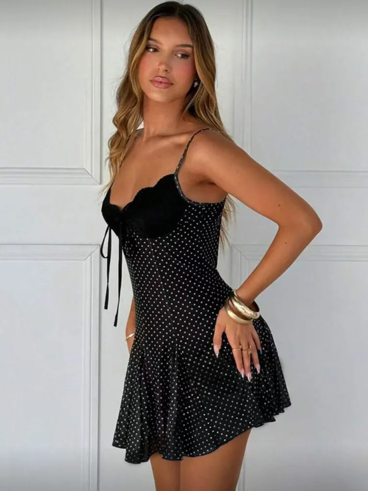 Blifanbo Polka Dot Print Sexy Minikleid für Damen, Spaghettiträger, rückenfrei, ärmellos, modisch, schmal, A-Linie, Frühling und Sommer, neu