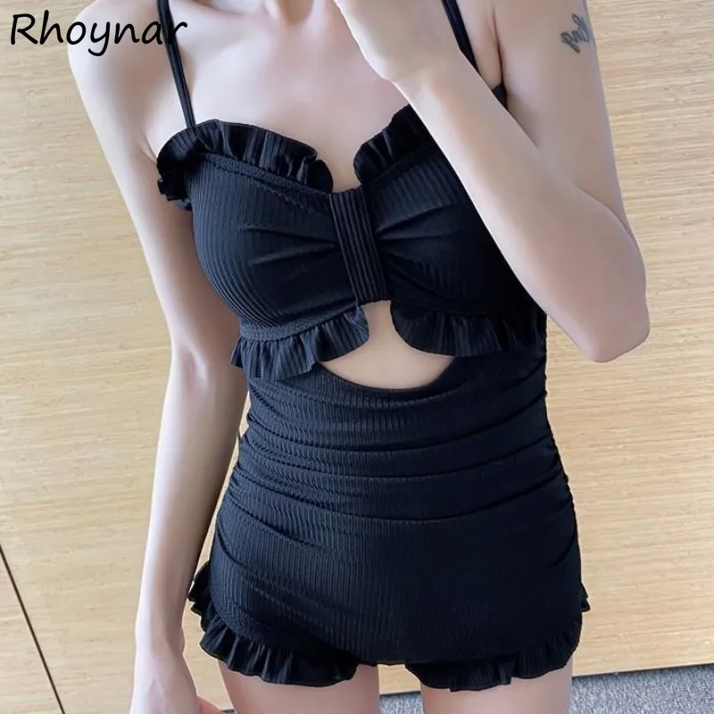 Solid Bikinis Sets Women Hollow Out Backless Lace-up Pleated Fungus Slim Fit Casual All-match Daily Korean Style Trendy Spicy