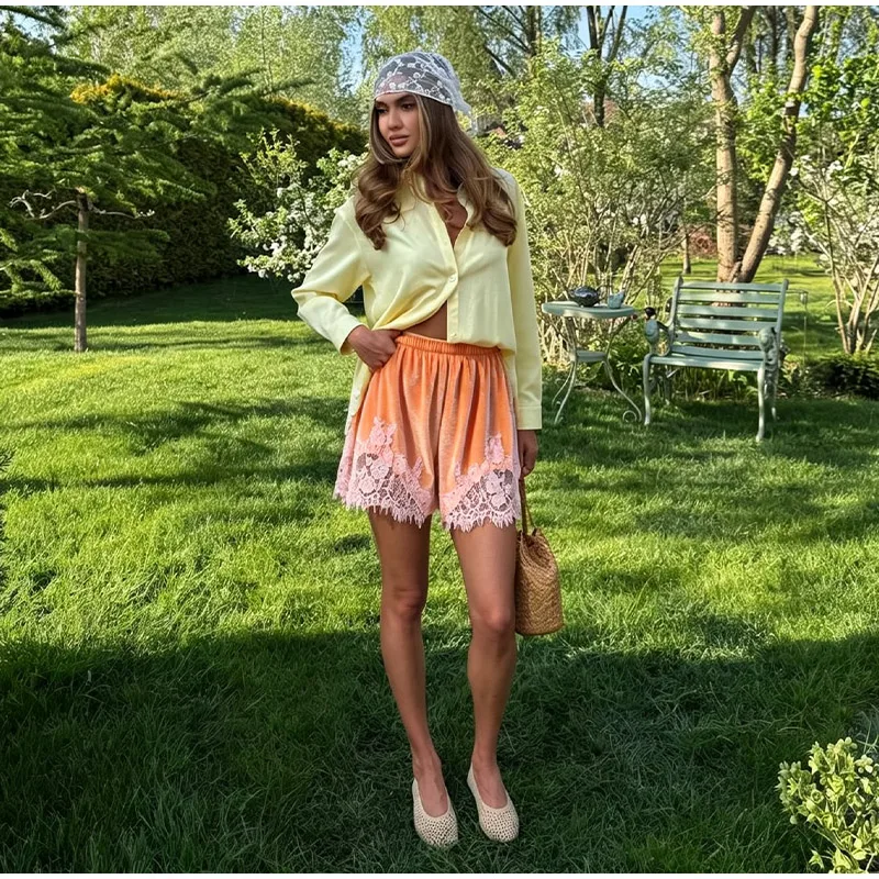 High Street Mint Green Velvet Shorts With Patchwork Lace Trim Paneled Elastic Waist Trousers Women Chic Edgy 2026 Summer Outfits
