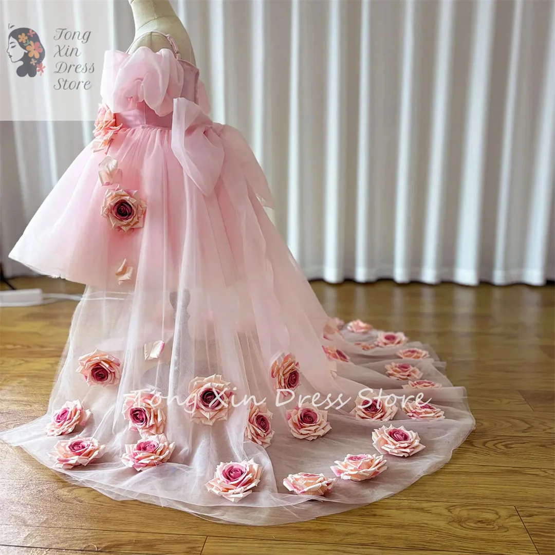 Flower Girl Dresses Pink Girl Dress with Flowers Baby Kids Princess Birthday Wedding Party Holiday Gown