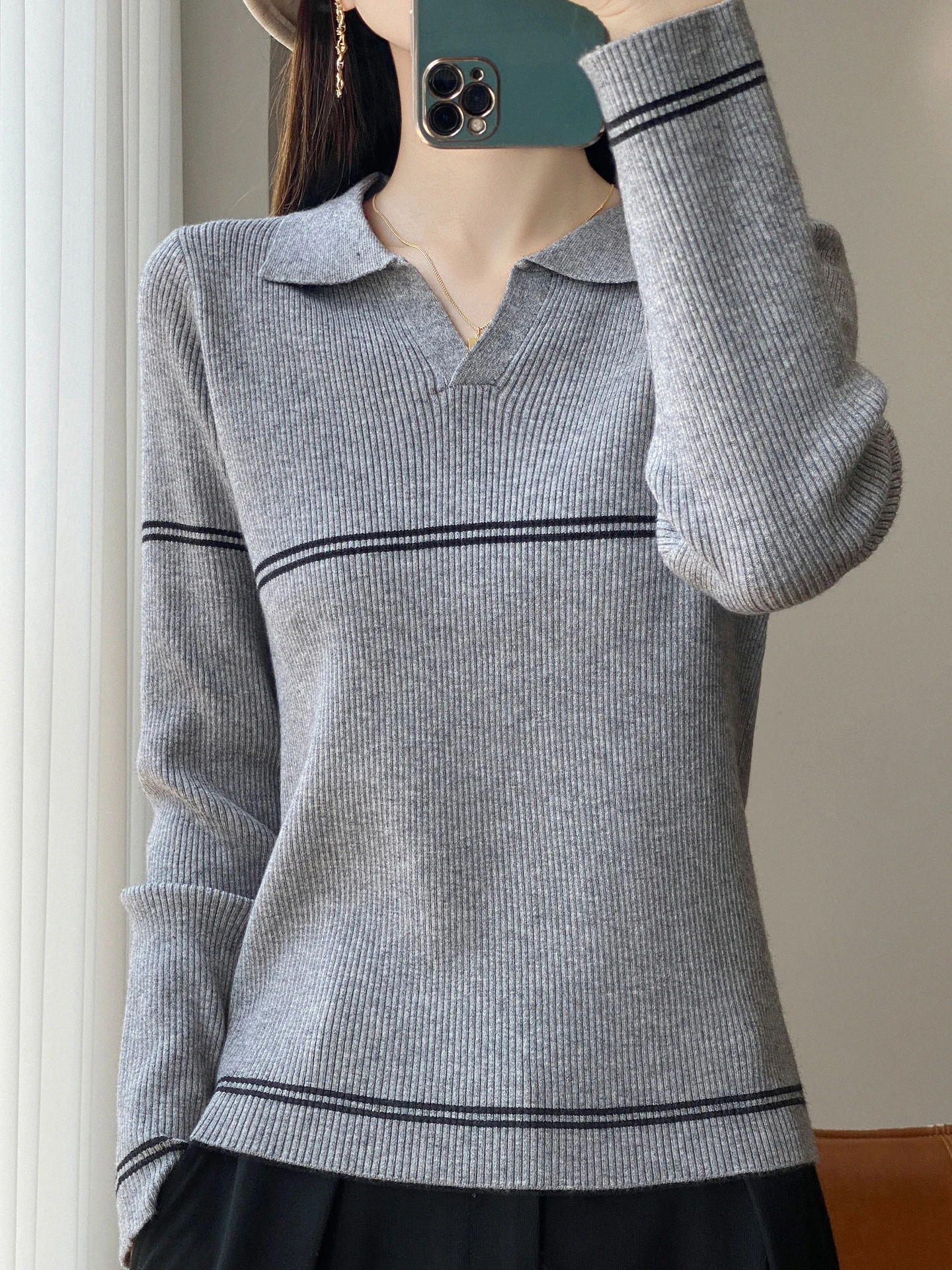 

Women Fine Wool Sweater Polo Collar Slim Pullover Autumn Winter Long Sleeve Knitwear Clothing Bottoming Itch-Free Top for Office
