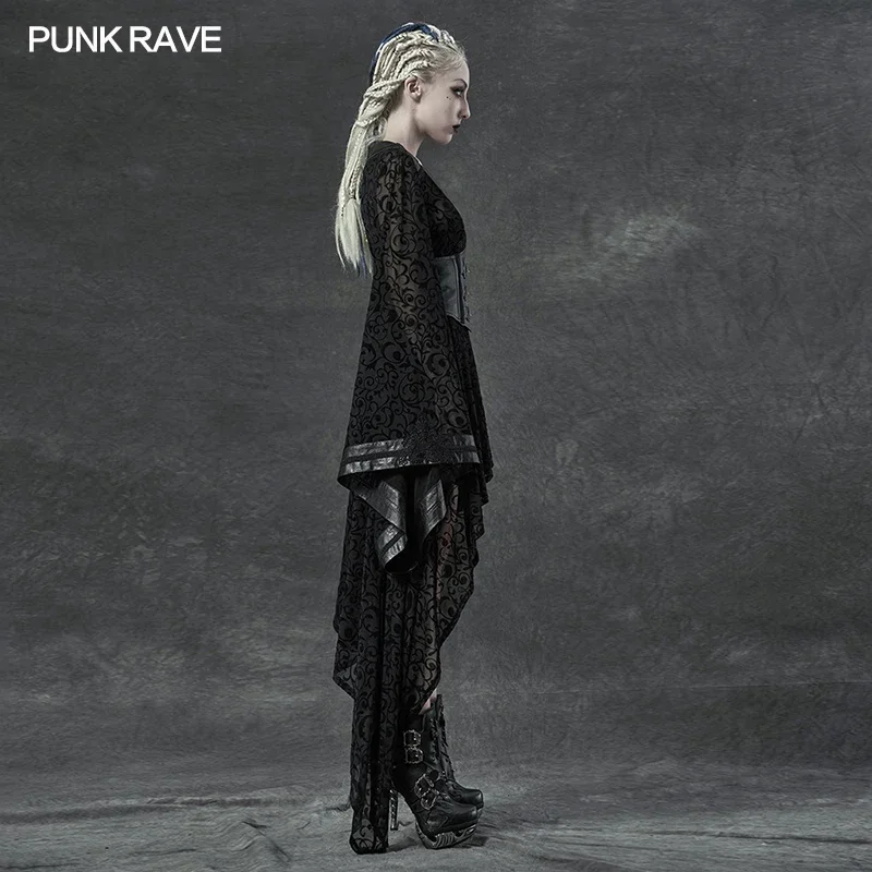 PUNK RAVE Women's Gothic Asymmetrical Flocking Net Kimono Delicate Gorgeous Embroidery Detachable Belt Stage Performance Coat