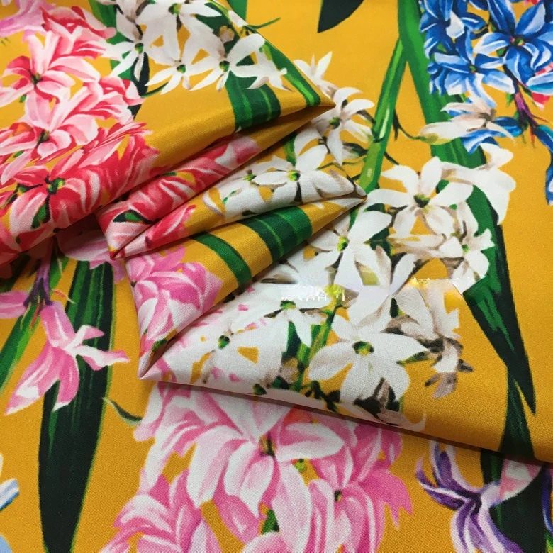 145*50cm European brand yellow bottom hyacinth digital printing imitation silk elastic satin clothing fabric