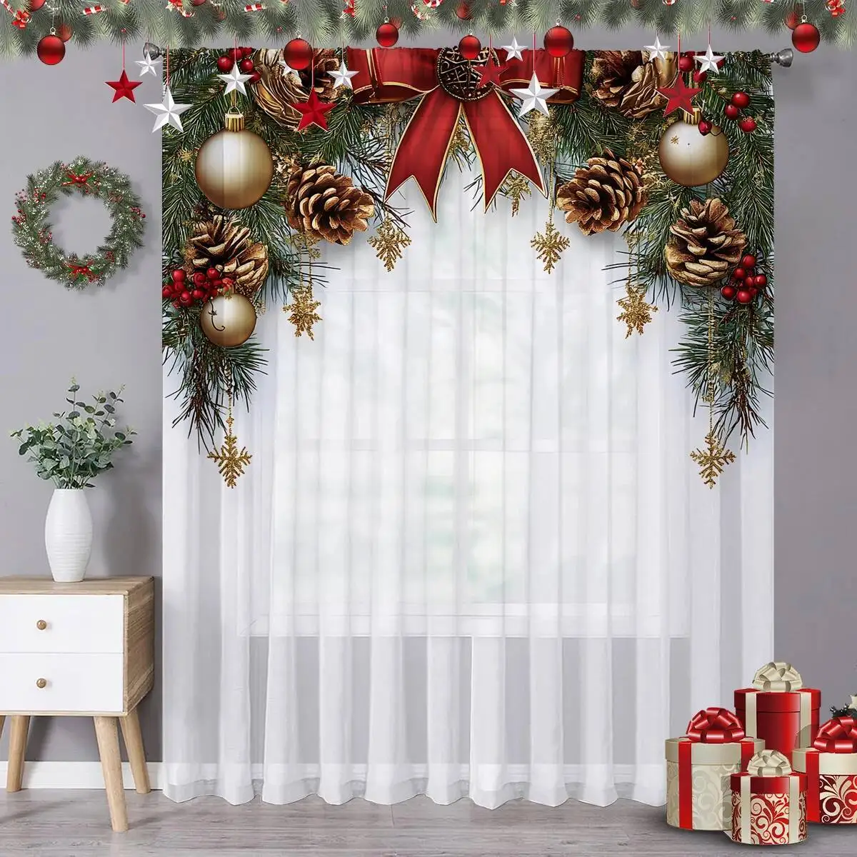 

1Pc Christmas-Themed Curtain, Lightweight Breathable, Made Of 100% Polyester, With Rod Pocket Design, Convenient Decoration,