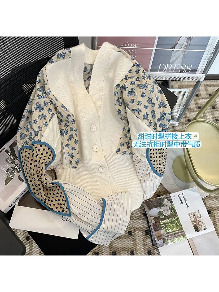 Elegant Patchwork Color Block Shirt For Women V Neck Long Sleeve Loose Korean Fashion Blouses Cardigan Female Autumn 2022