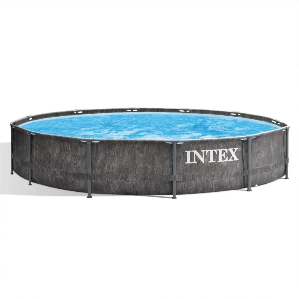 

Frame 12 Foot X 30 Inch Round Above Ground Outdoor Swimming Pool With 530 GPH Filter Pump Grey Woodgrain Design Freight Free