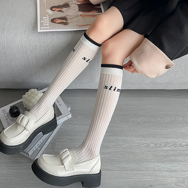 JK Style Girls Ultra Thin Black White Calf Socks Multiple Different Versions Gentle Stretch Skin Friendly Light Fabric Stockings
