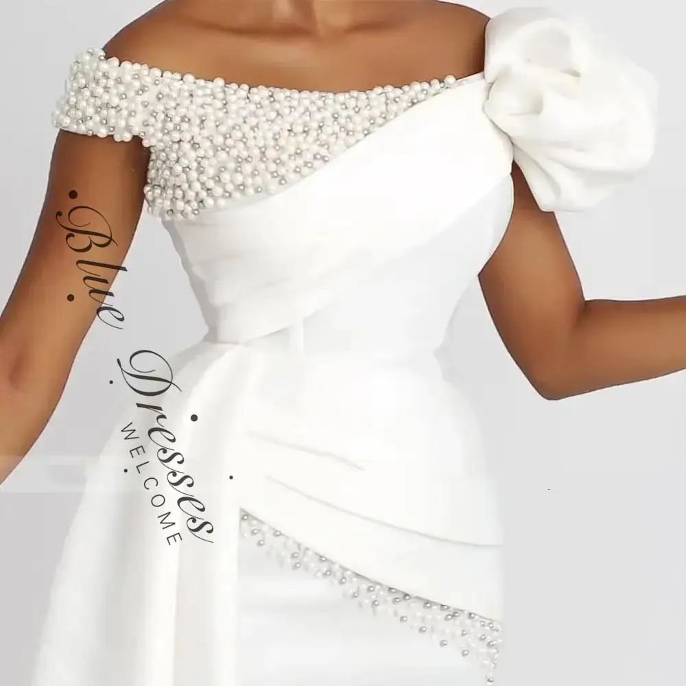 customized Short Off-the-Shoulder Sheath Wedding Dress with Pearls Luxury Draped Tea-Length Bridal Gown for Bride