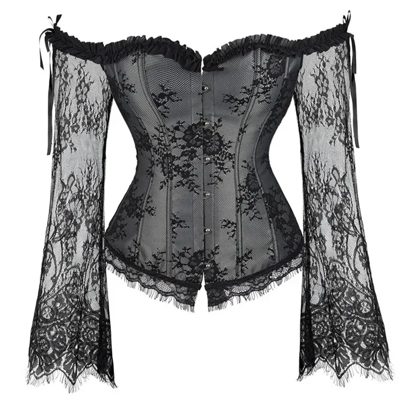 

Overbust Corset Top Bustier Lingerie for Women with Long Sleeves Renaissance Lace Floral Sexy Costumes Burlesque Plus Size