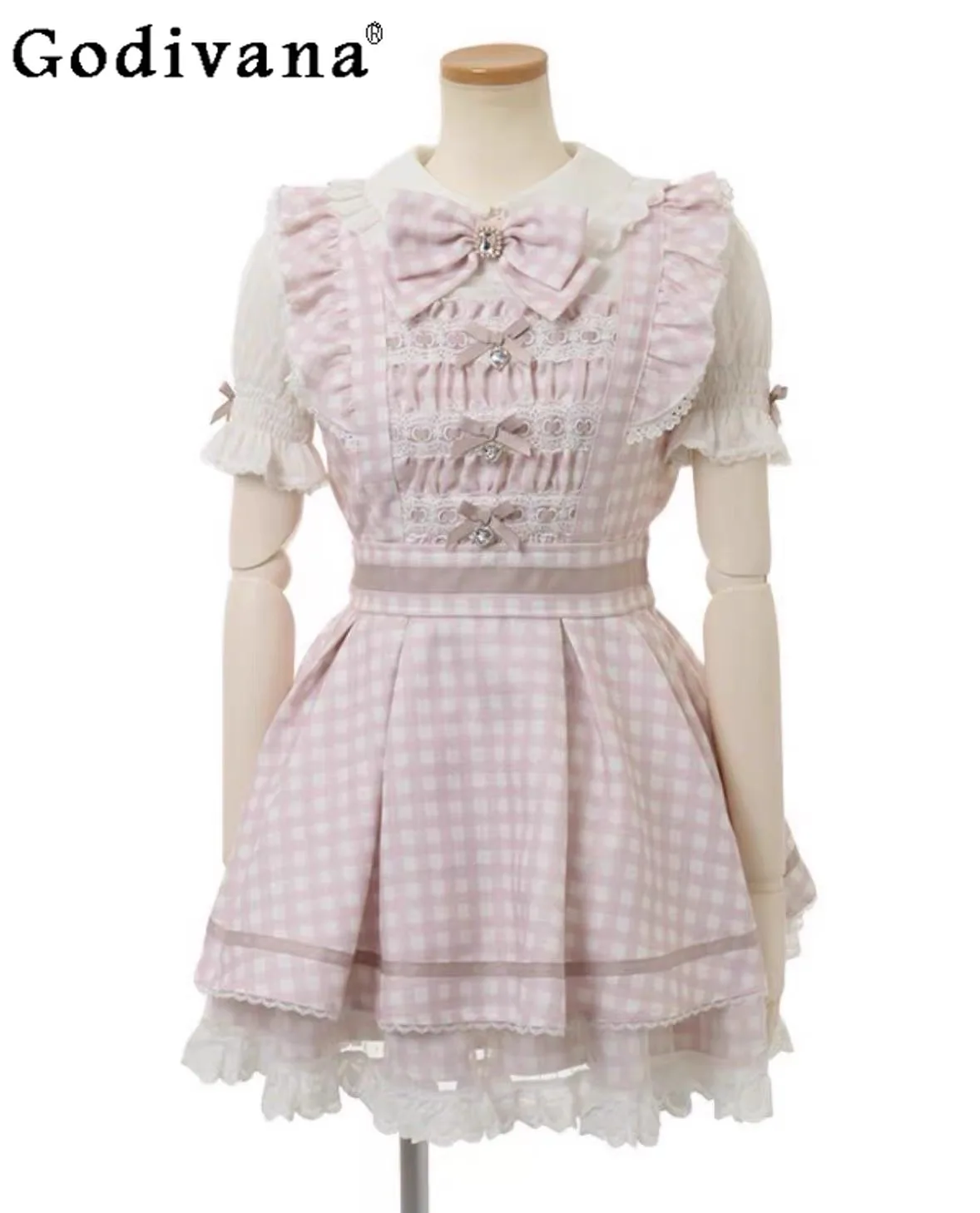 

Liz Dress Sets Japanese Mine Girls Bow Pink Plaid Dress Set Sweet Lolita Short Sleeve Slim Dress Top+Skirt Womens Two-piece Set