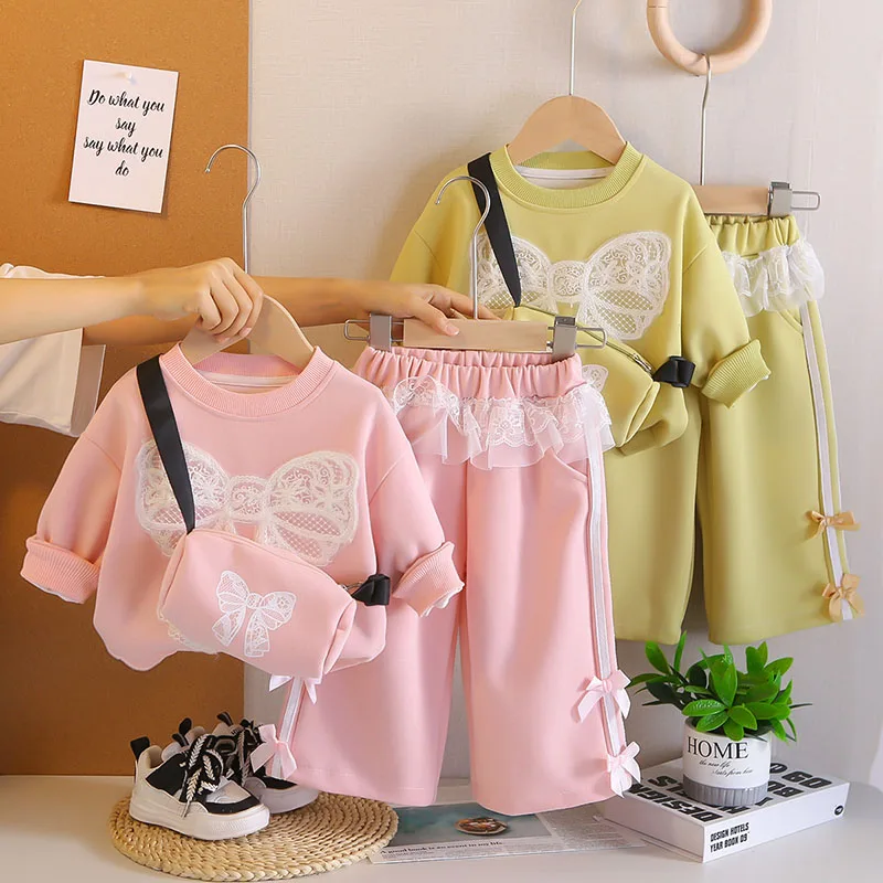 

MILANCEL New Autumn Children Hoodie Set 1-6T Lace Bow Girls Pullover + Bow Wide Leg Pants Korean Version Loose Kids Outfit