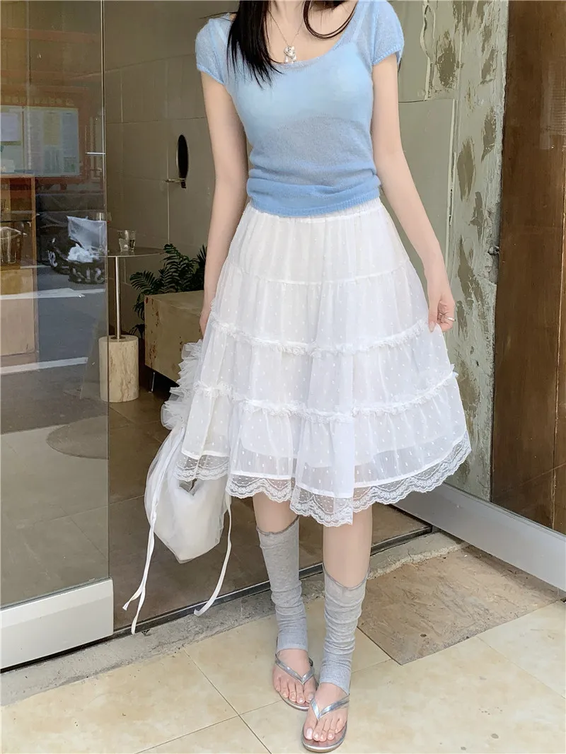 

plus Size Women's Summer New Korean Style Lace Trim A-Line Skirt Slimming High Waist Breathable Casual Elegant Skirt
