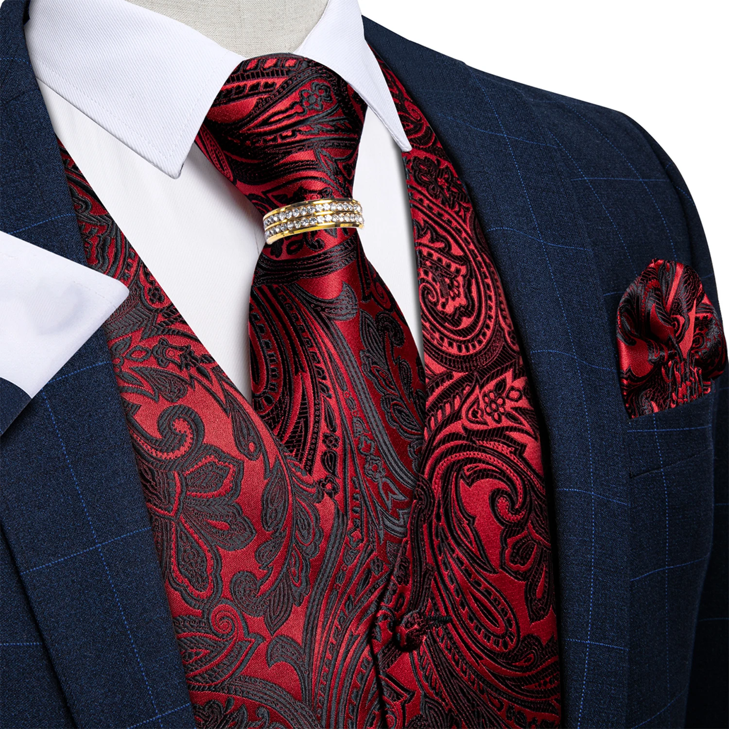 Burgundy Paisley Pattern Vest Full Accessory Combo Tie Pocket Square Cufflinks Gold Ring For Groom Anniversary Banquet
