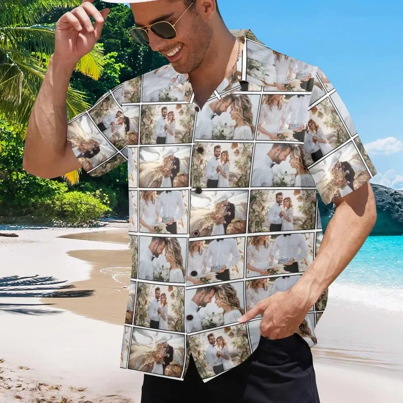 Custom Face I Love My BF GF Hawaiian Shirt For Men Women Personalized Photo Heart Pattern Short Sleeve Aloha Shirts For Couples
