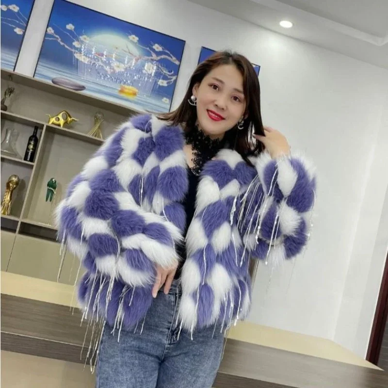 Women's Autumn Winter Top Coat Jacket Faux Fur Fringe Bright Silk Thicken Warm Casual Design Fashion New Niche Versatile Skinny
