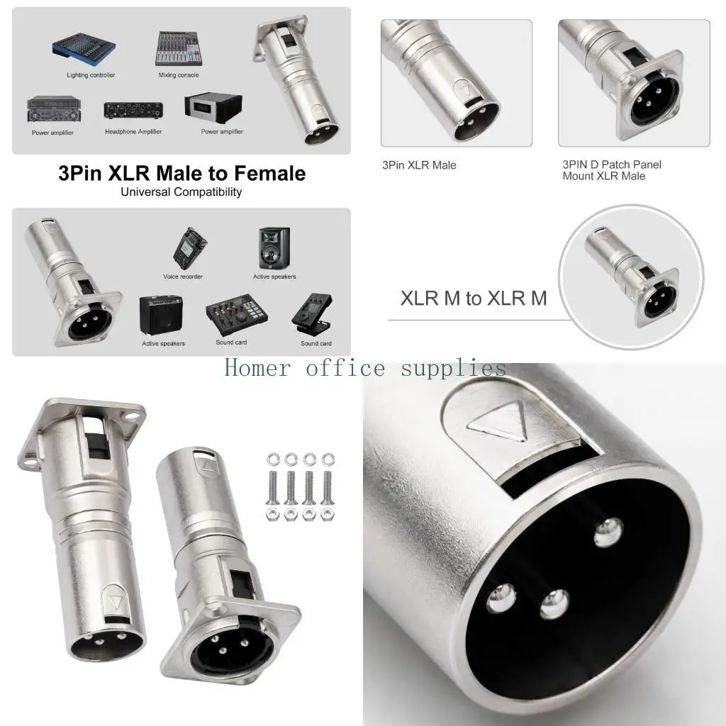 K43B 2-Pack 3-Pin Male-to-Male D-Style Panel Mount Adapters, Balanced Feedthrough Couplers for Routing Signal Lines Through