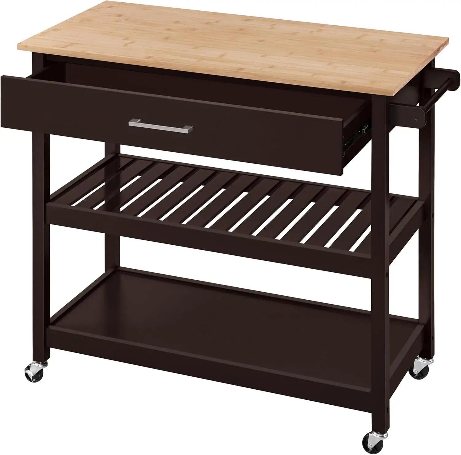 Kitchen Island Cart on Wheels with Wood Top, Rolling Utility Trolley Serving Cart with Storage Drawer/Wine Rack/Towel