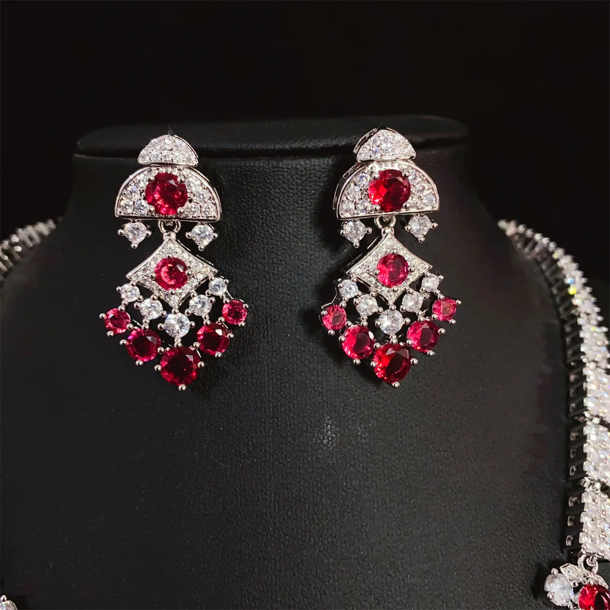 HIBRIDE New summer burst flash red diamond mermaid necklace earrings zirconia ladies jewellery set party prom wedding S-721