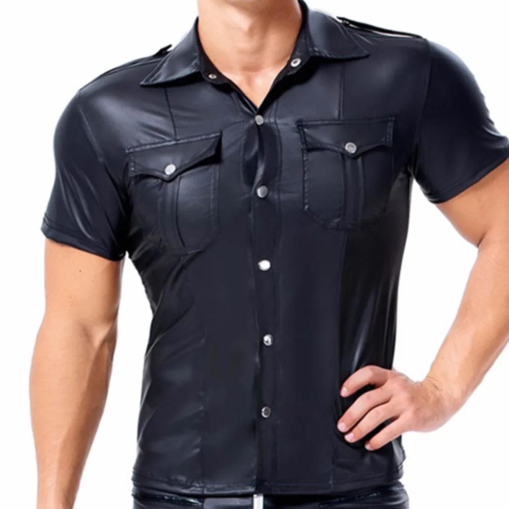 Men Latex PVC Shirt Top Sexy Open Elasticity Faux Leather Short Sleeve Shirt Nightclub Stage Bar Club Wear Fetish Erotic Costume