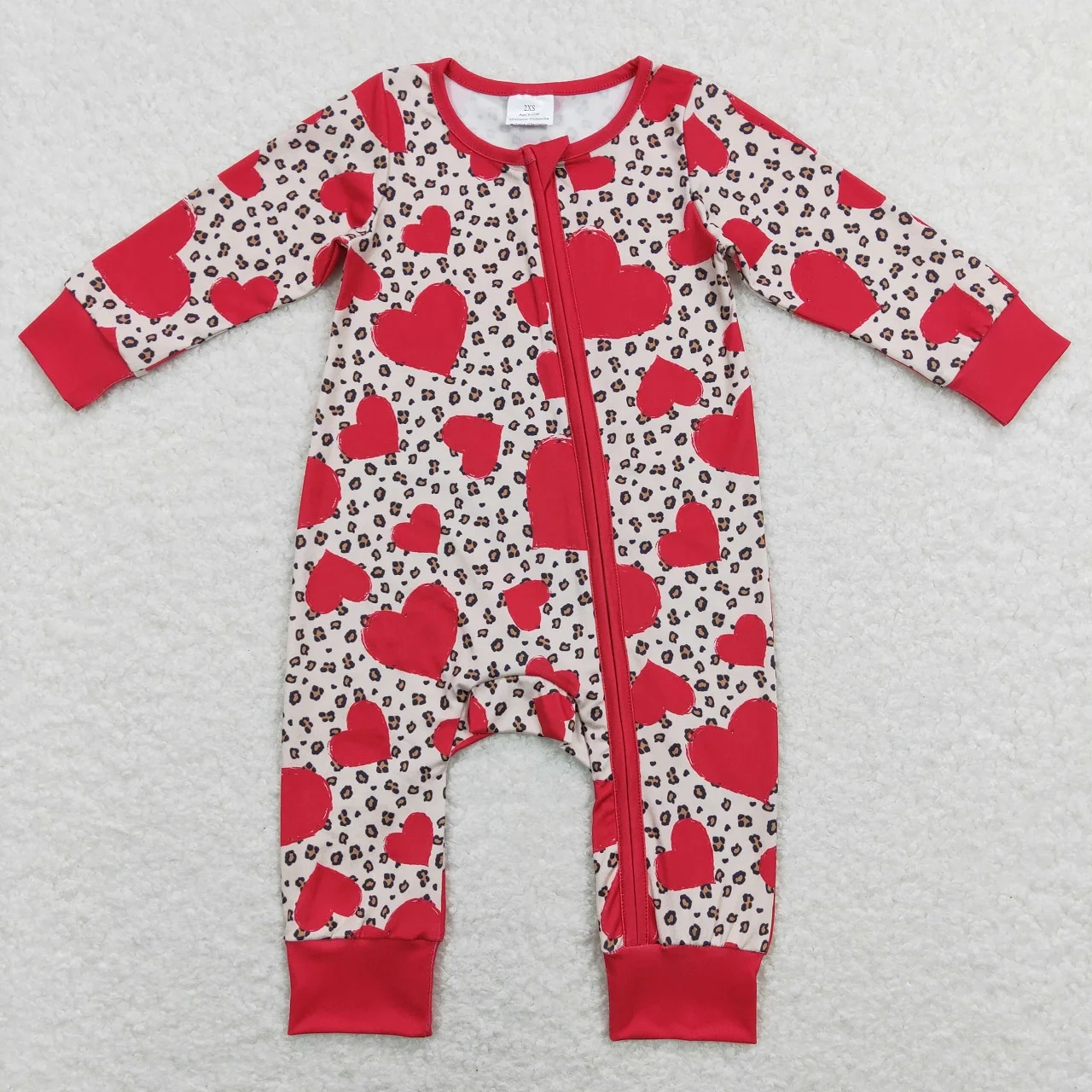 

Wholesale Boy Girl Romper Long Sleeves Toddler Valentine's Day Red Hearts One Piece Newborn Infant Children Zip Leopard Jumpsuit