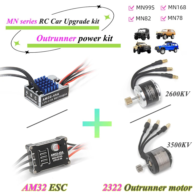 MN82 MN78 MN168 MN99s Upgrade Combo 2322 2600KV 3500KV Brushless Motor AM32 45A ESC 7CH Transmitter 21G Servo for 1/12 MN RC Car