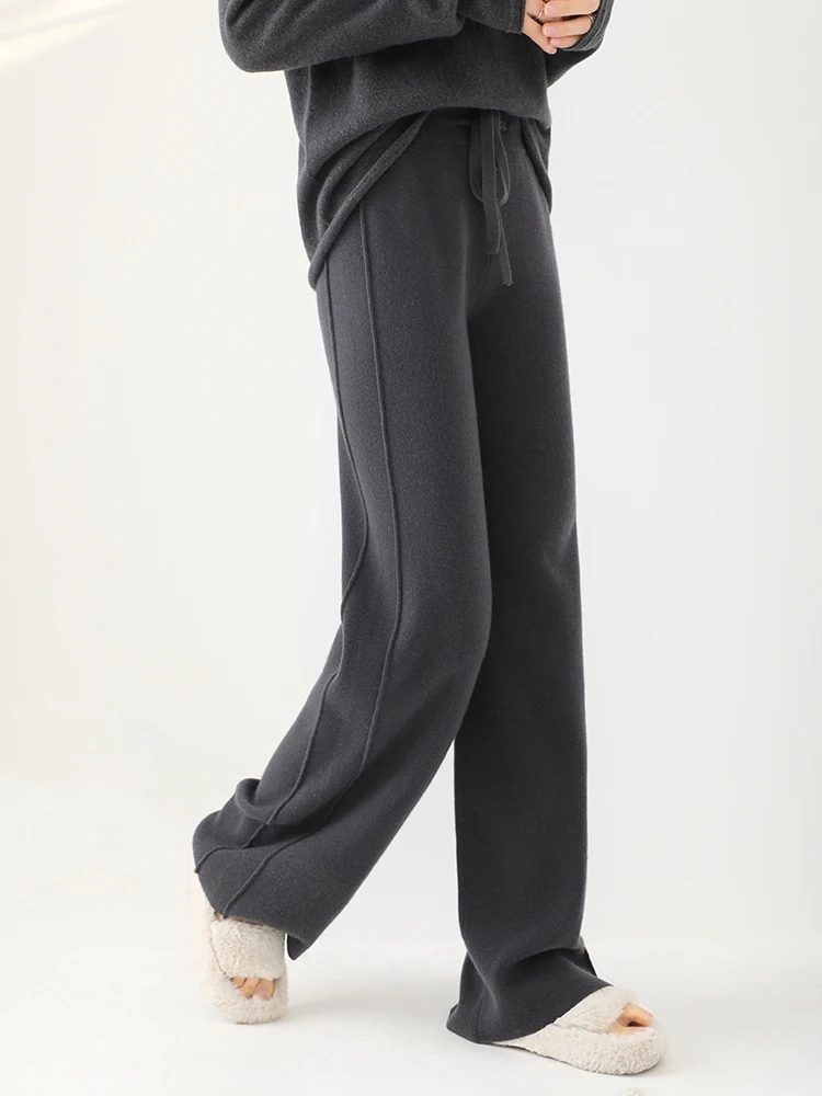 2024 Fashion Autumn Winter Thickened Wide Leg Pants For Women 100% Merino Wool Warm Soft Cosy Cashmere Knitwear Double Side