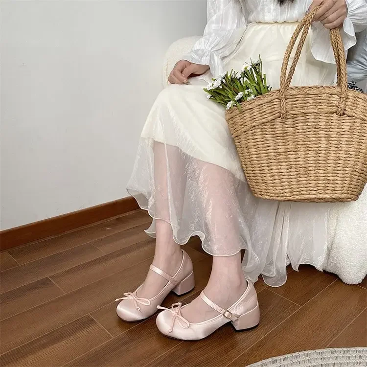 Spring Autumn Mary Jane  Fashion Shallow Round Toe Mid Heel Shoes Ladies Elegant Outdoor Single Pumps  Womens Shoes