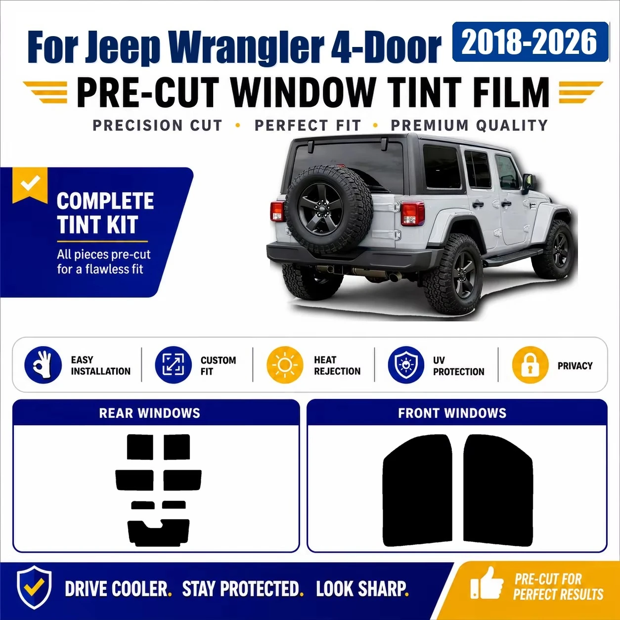 For Jeep Wrangler 4-Door 2018-2026 Precut Privacy Tint Film, Front & Rear Windows, UV IR Heat Block Removable Reusable Auto Film