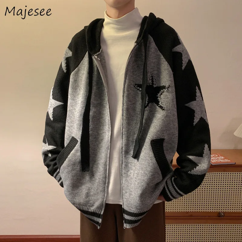 

Zip-Up Sweater Cardigan Men Clothing Harajuku Vintage Hip Hop Temper Handsome Hooded Teens Streetwear Fashion Knitwear Panelled