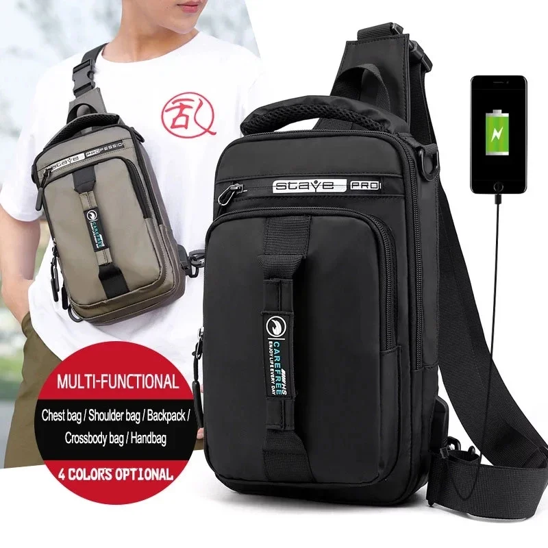 Fashion Nylon Backpack Daypack Men Cross body Chest Bags Pack with USB Charging Port Travel Male Knapsack Rucksack Messenger Bag