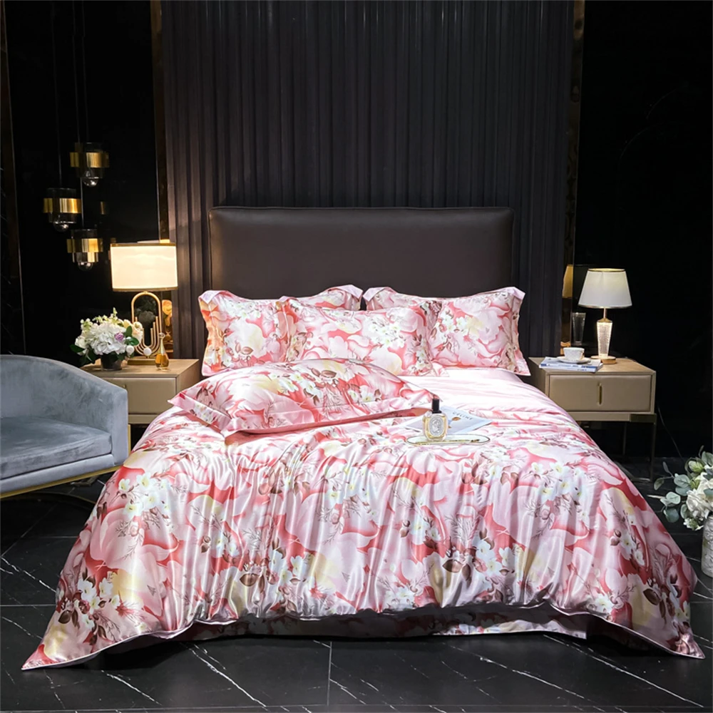 Luxury Natural Silky Bedding Set Single Double Queen King Size Printing Quilt Cover Set Silk Satin Duvet Cover Set Bedroom Decor