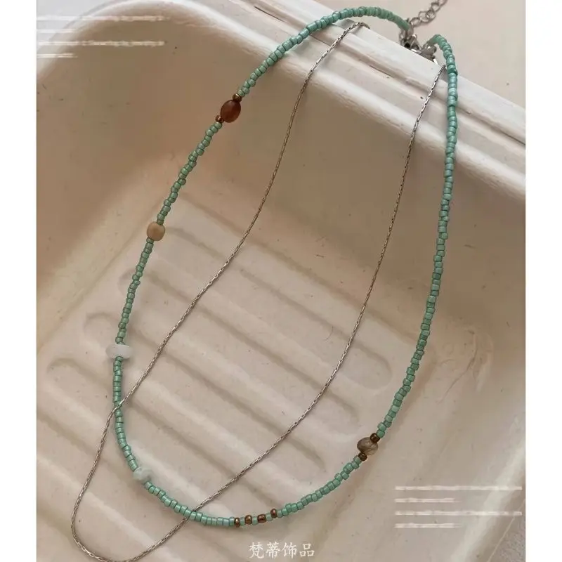 Korean Fashion Green Beads Necklaces for Women Double Layer Simple Choker China Fashion Casual Neck Jewelry Accessories Gift