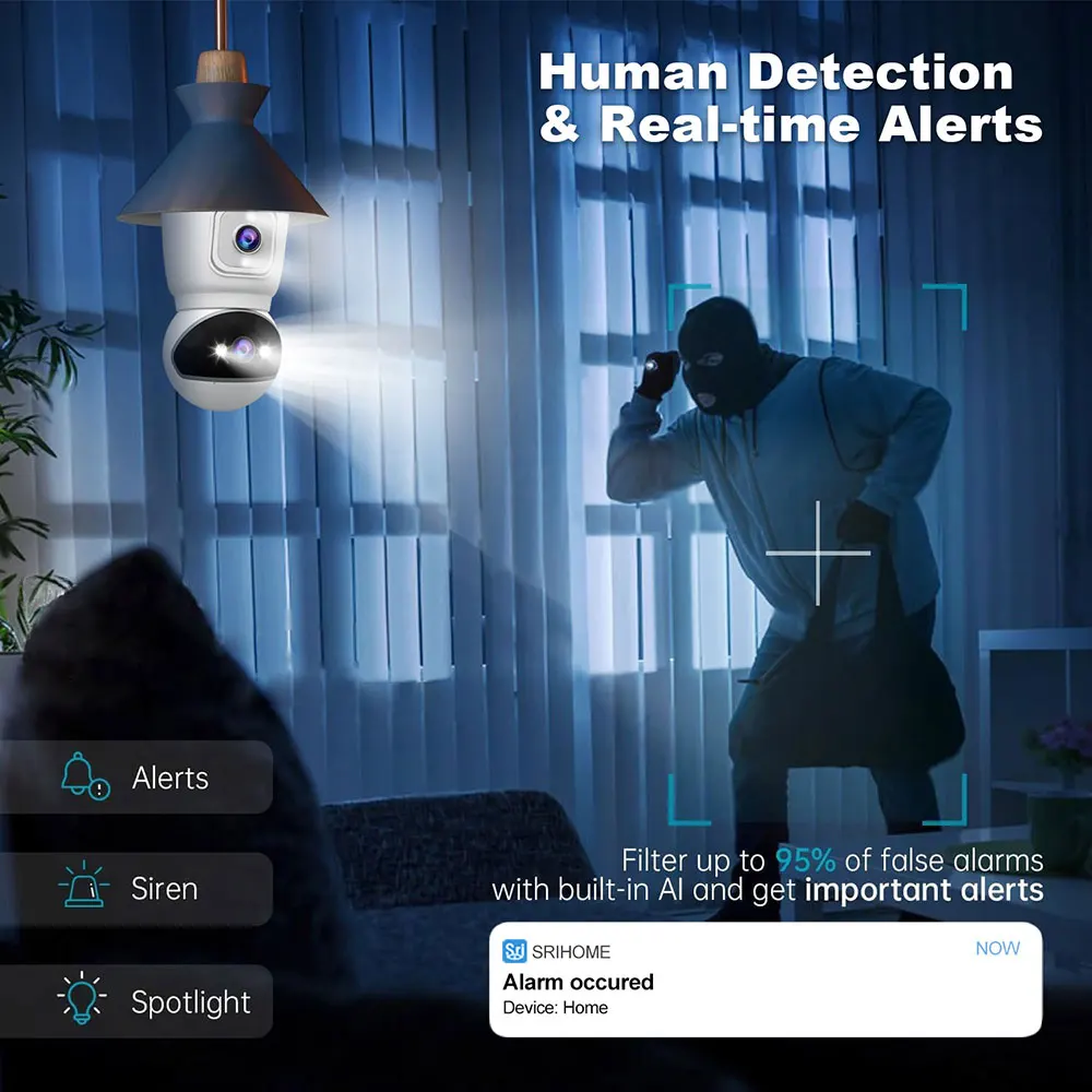 Srihome-cámara inteligente con bombilla de 4MP, Wifi, lente Dual, pantalla Dual, seguimiento automático, Audio bidireccional, visión nocturna en Color, cámaras de seguridad para exteriores