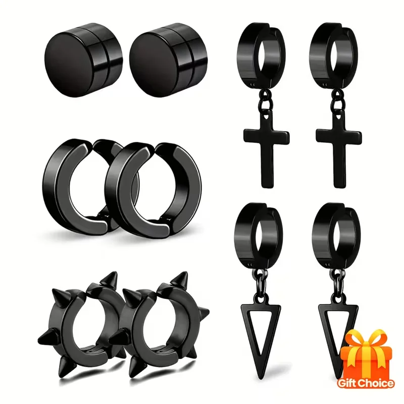 5 Pairs Simple Stainless Steel Magnetic Stud Earrings For Men, Cross Pendant Ear Clips, Cool Non Pierced Earrings