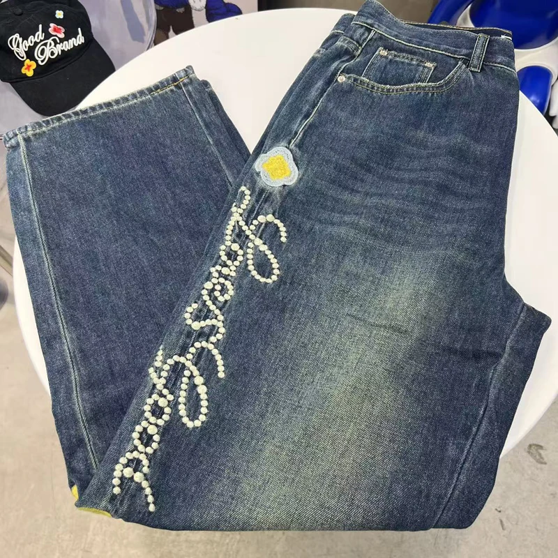 25ss azul escuro neutro all-match goodbrand jeans de perna reta flor bordado estilo unissex casual bom calças