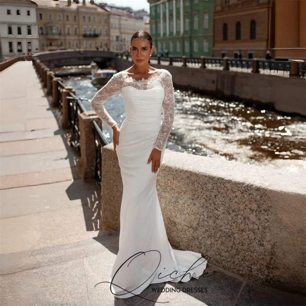

Свадебное платье QICHE 2026: современное кружевное, с длинными рукавами, силуэт «русалка», с круглым вырезом, плиссированное, с открытой спиной, для свадебной вечеринки, Vestidos De Noiva, на заказ