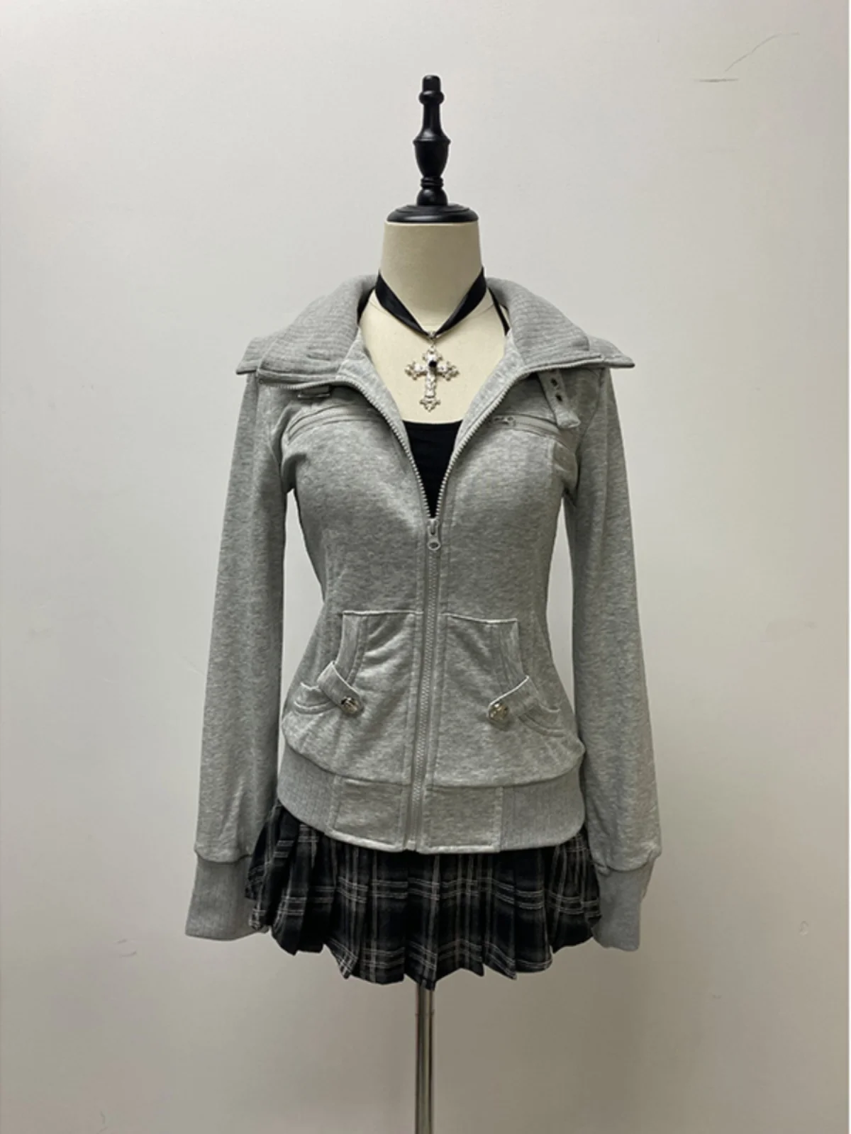 Heya Original ey Felpa con colletto Jaet Donna Autunno Inverno American Retro Top Trendy Tubo dritto Pendolarismo Sle Zip...