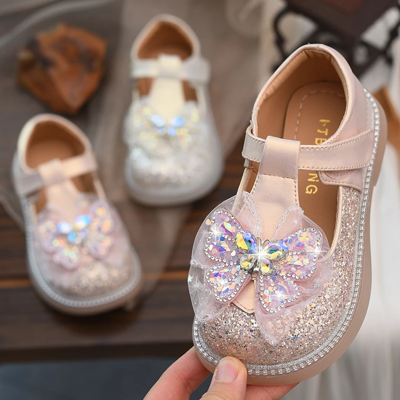 

Маленькие кожаные туфли для девочек, детские туфли с кристаллами. Новинка весны и осени 2024, детская обувь, Water Di для девочек.